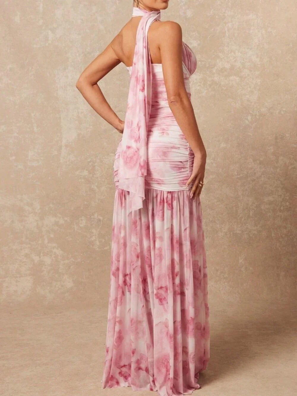 Pink Elegant Women's Mesh Flowy Maxi Halter Dress